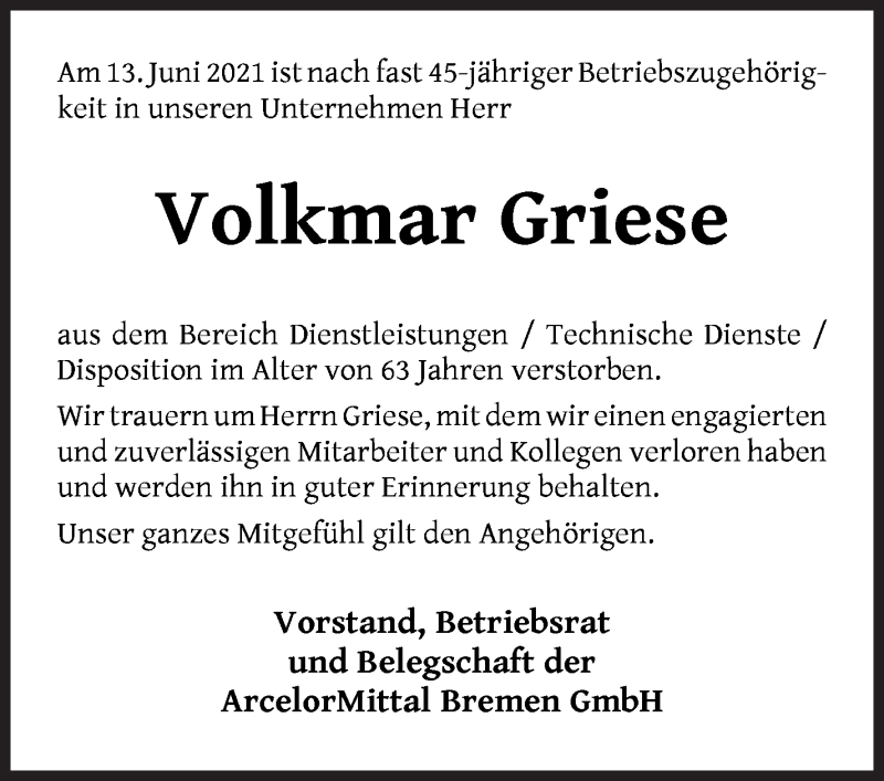 Traueranzeige von Volkmar Griese von WESER-KURIER