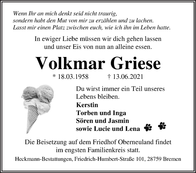 Traueranzeige von Volkmar Griese von WESER-KURIER