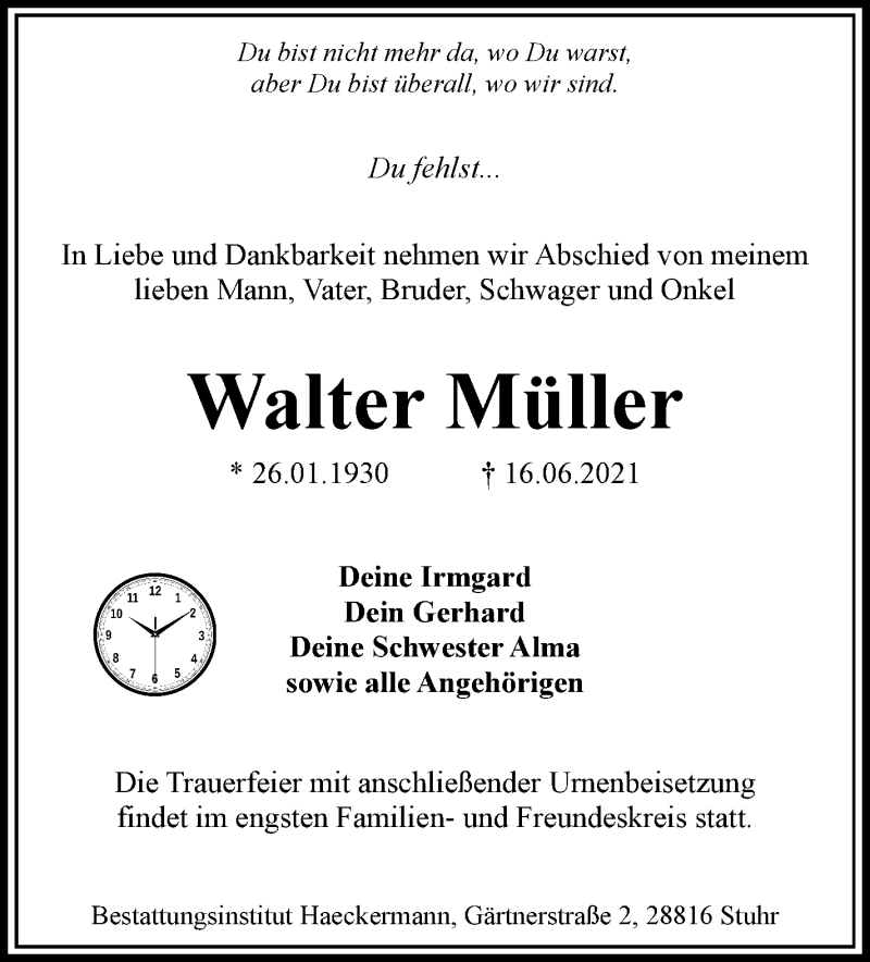 Traueranzeige von Walter Müller von WESER-KURIER