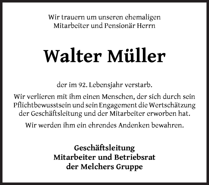 Traueranzeige von Walter Müller von WESER-KURIER