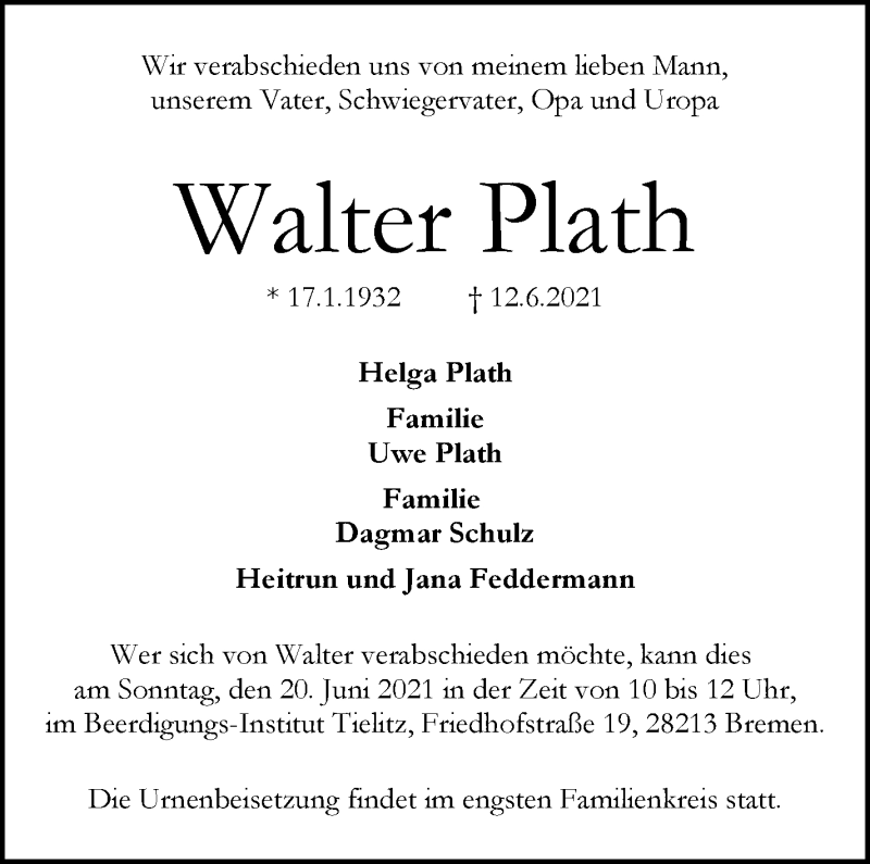 Traueranzeige von Walter Plath von WESER-KURIER