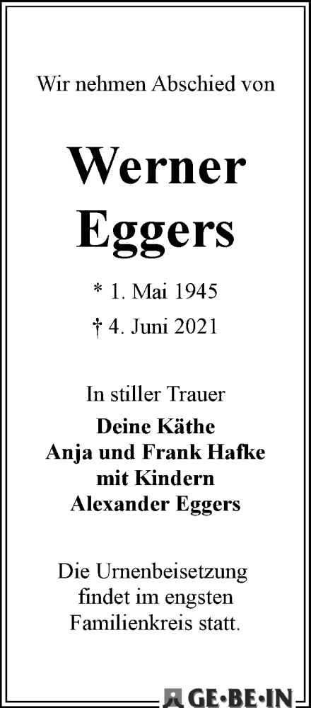 Traueranzeige von Werner Eggers von WESER-KURIER