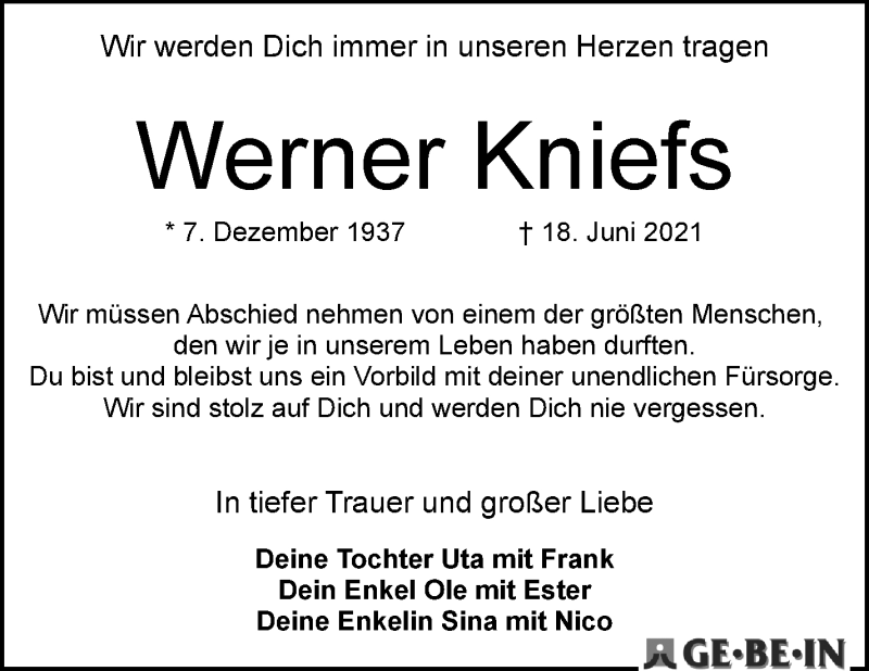 Traueranzeige von Werner Kniefs von WESER-KURIER