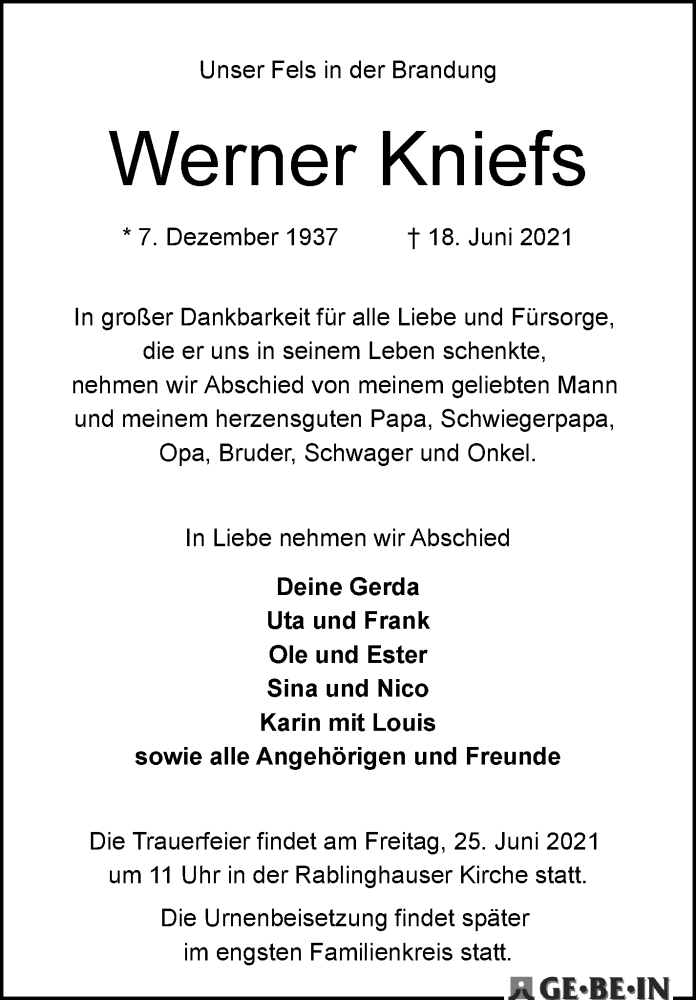 Traueranzeige von Werner Kniefs von WESER-KURIER