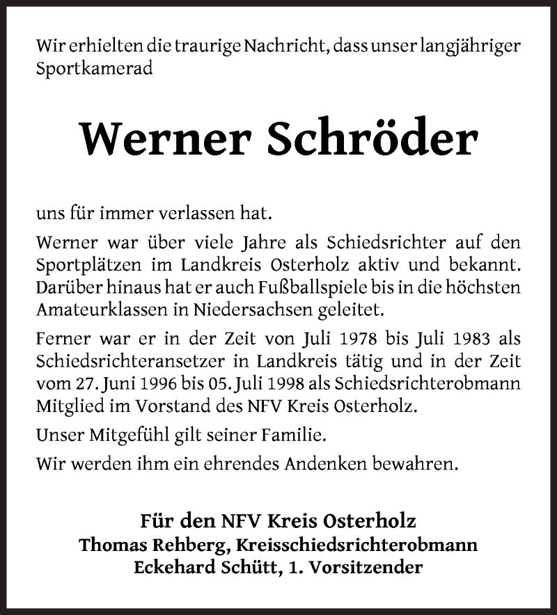 Traueranzeige von Werner Schröder von Wuemme Zeitung