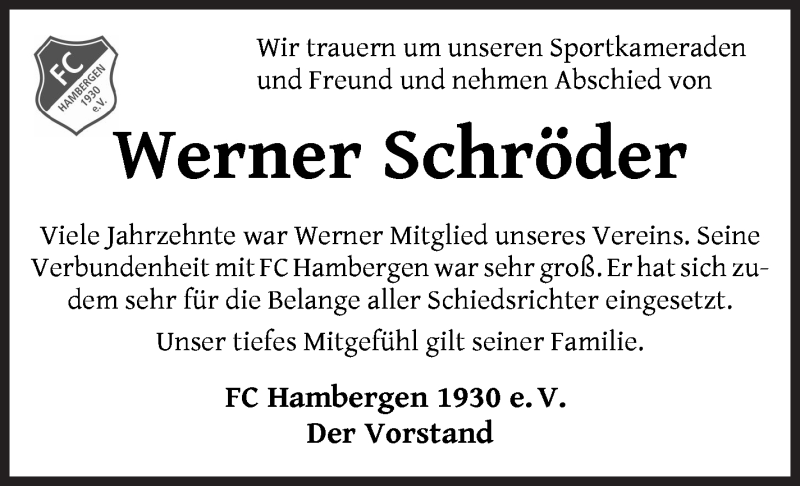 Traueranzeige von Werner Schröder von Osterholzer Kreisblatt