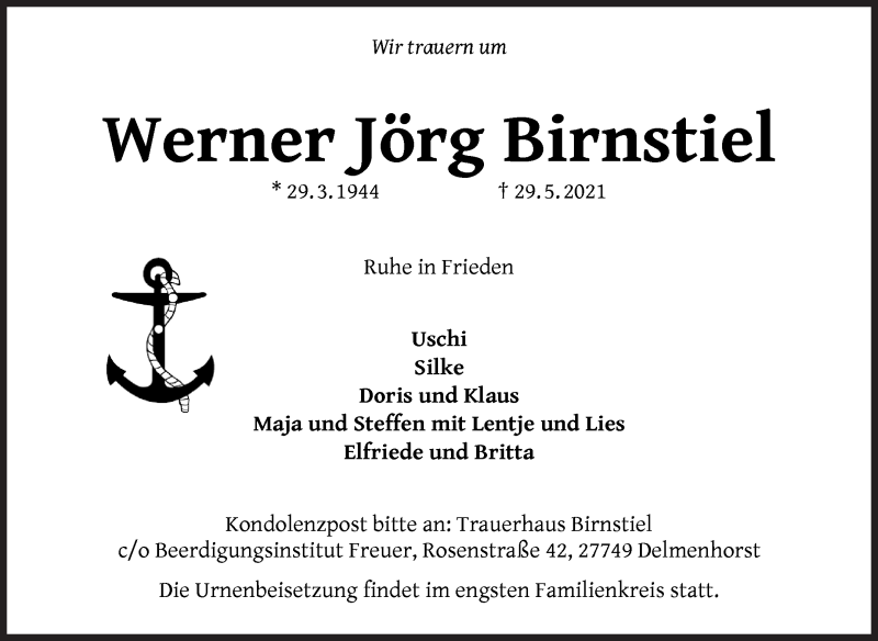Traueranzeige von Werner Jörg Birnstiel von WESER-KURIER