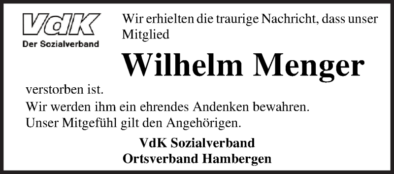 Traueranzeige von Wilhelm Menger von Osterholzer Kreisblatt