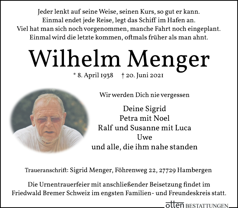 Traueranzeige von Wilhelm Menger von Osterholzer Kreisblatt