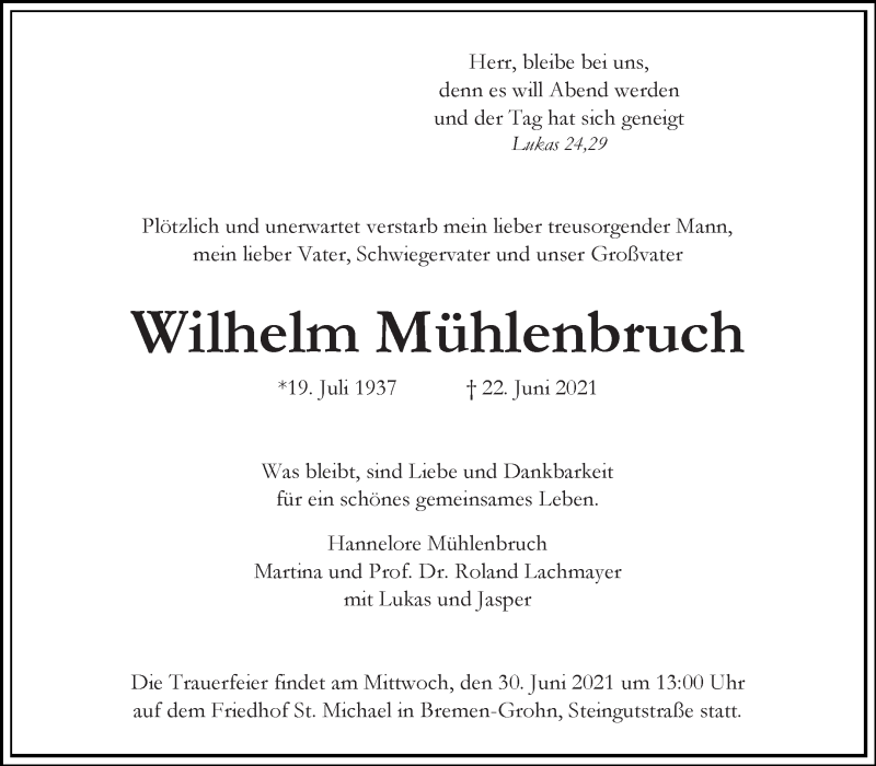 Traueranzeige von Wilhelm Mühlenbruch von Die Norddeutsche