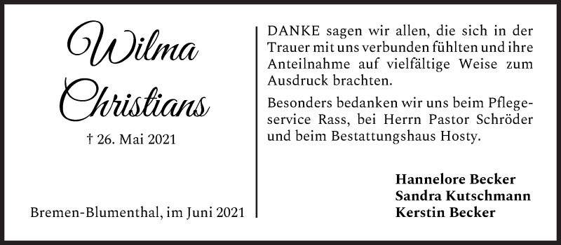 Traueranzeige von Wilma Christians von Die Norddeutsche