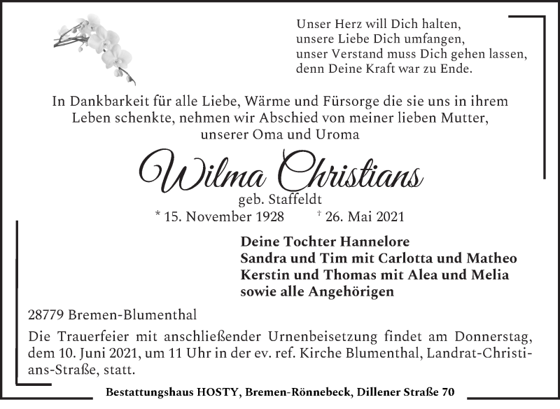 Traueranzeige von Wilma Christians von Die Norddeutsche