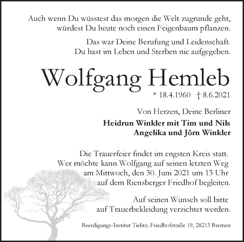 Traueranzeige von Wolfgang Hemleb von WESER-KURIER