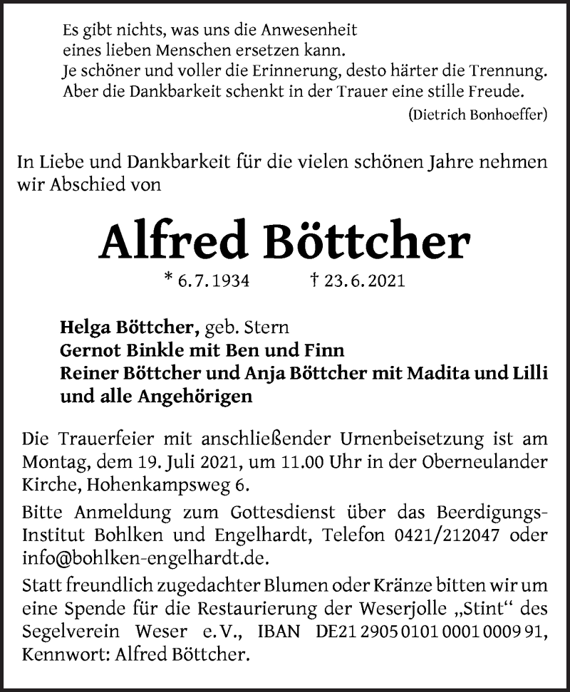 Traueranzeige von Alfred Böttcher von WESER-KURIER