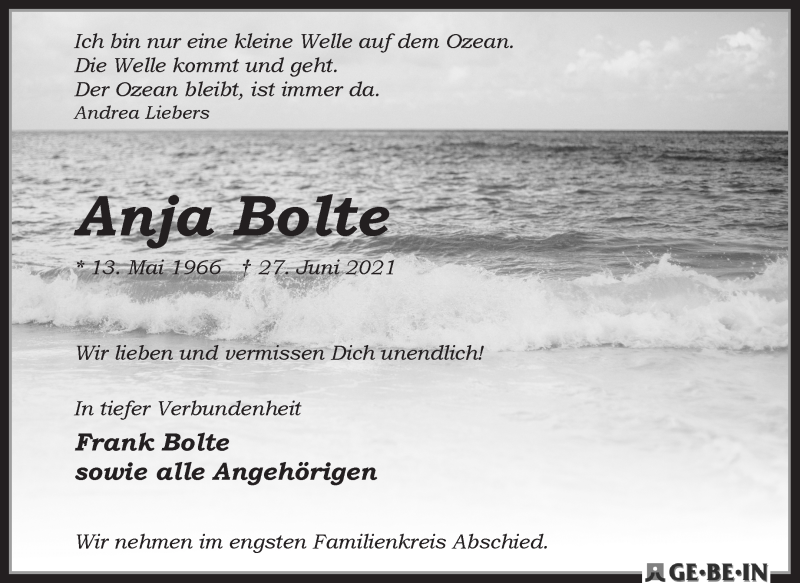 Traueranzeige von Anja Bolte von WESER-KURIER