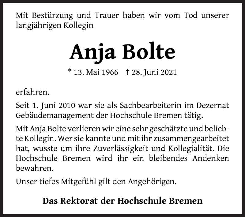 Traueranzeige von Anja Bolte von WESER-KURIER