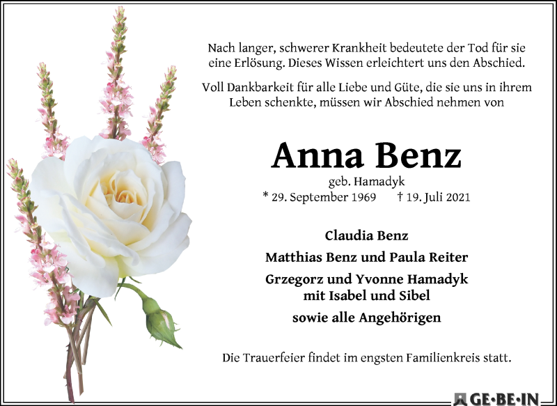 Traueranzeige von Anna Benz von WESER-KURIER