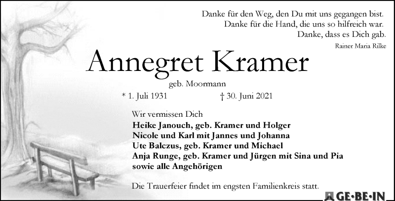 Traueranzeige von Annegret Kramer von WESER-KURIER