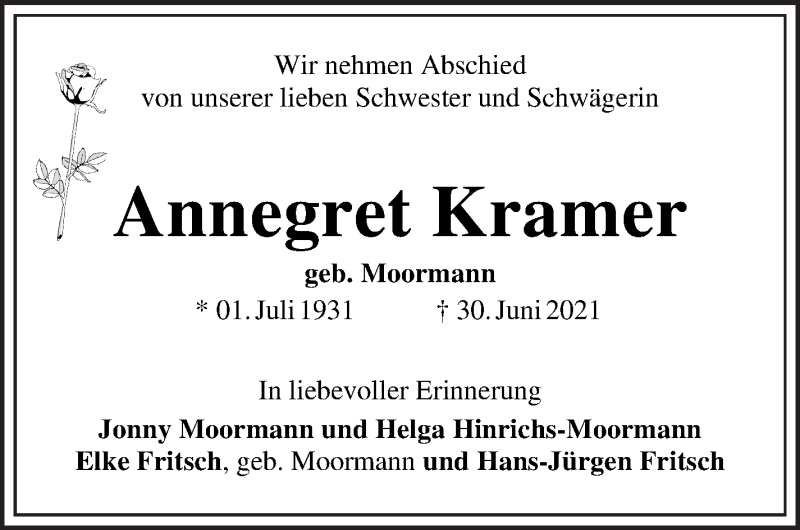 Traueranzeige von Annegret Kramer von WESER-KURIER