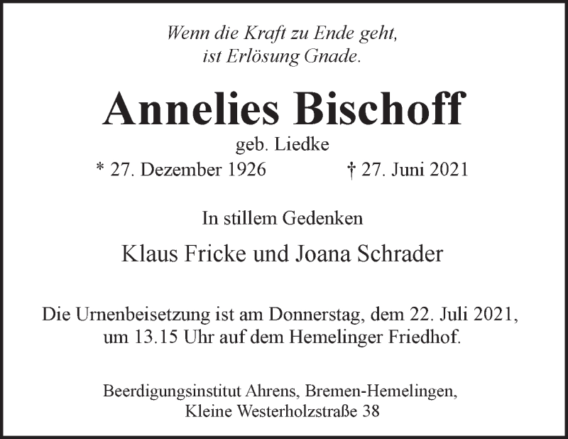 Traueranzeige von Annelies Bischoff von WESER-KURIER