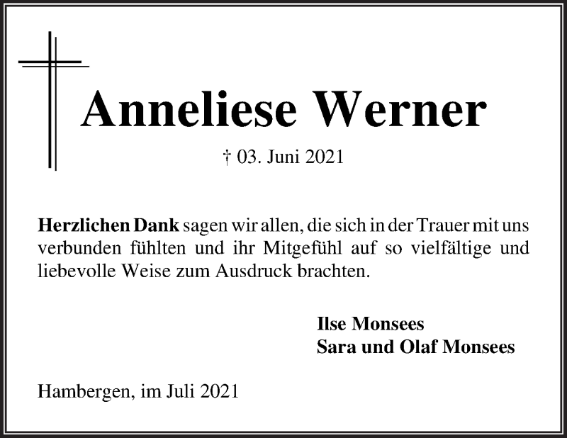 Traueranzeige von Anneliese Werner von Osterholzer Kreisblatt