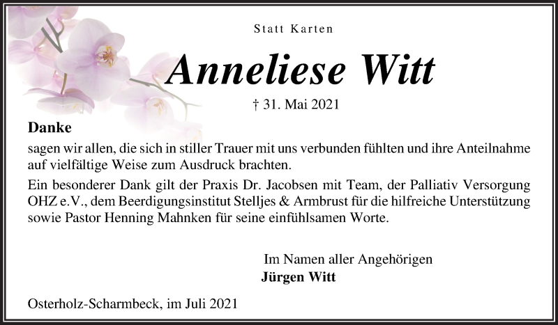 Traueranzeige von Anneliese Witt von Osterholzer Kreisblatt
