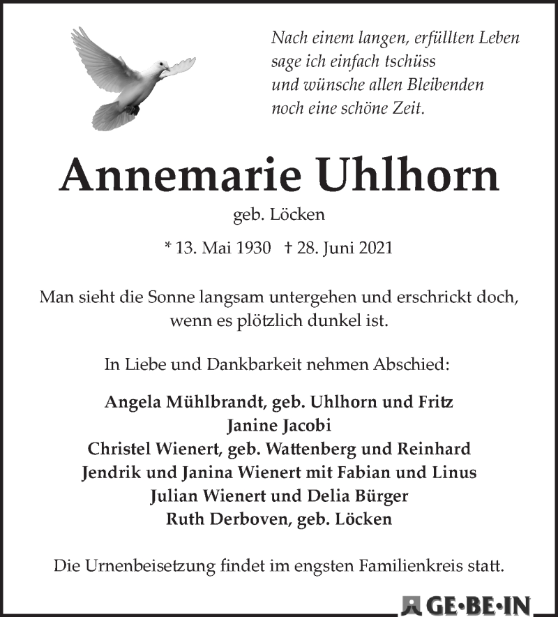 Traueranzeige von Annemarie Uhlhorn von Die Norddeutsche