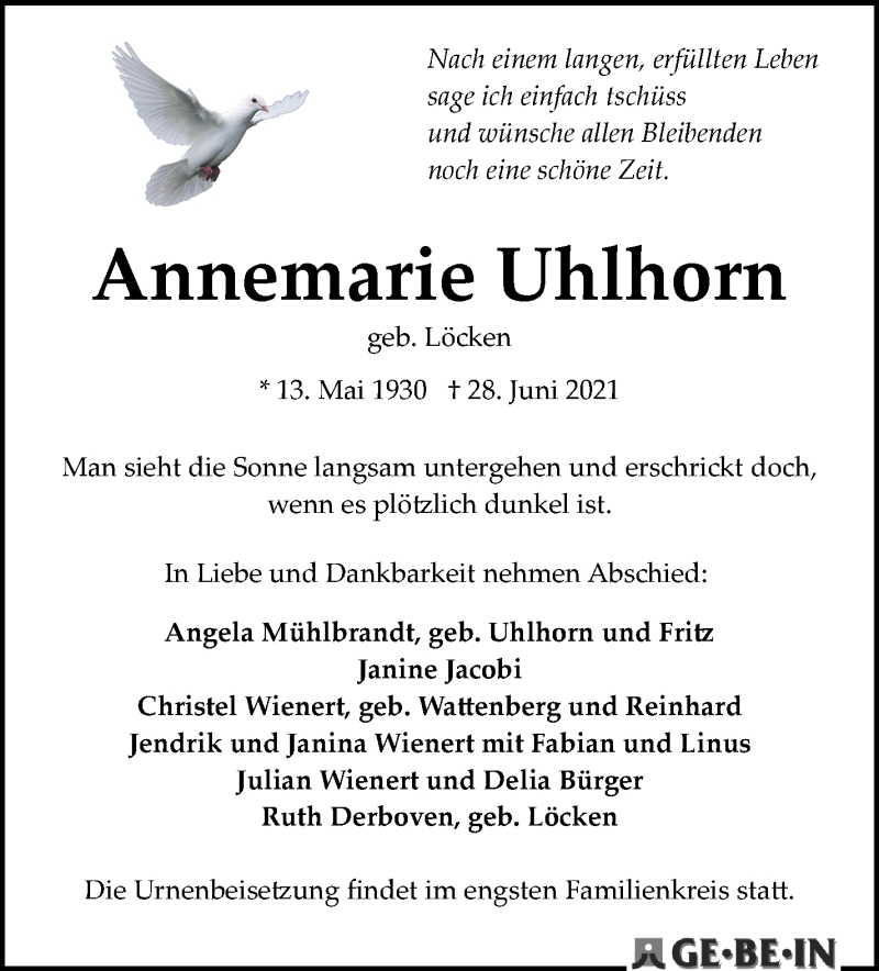 Traueranzeige von Annemarie Uhlhorn von WESER-KURIER