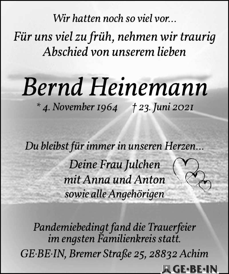 Traueranzeige von Bernd Heinemann von WESER-KURIER