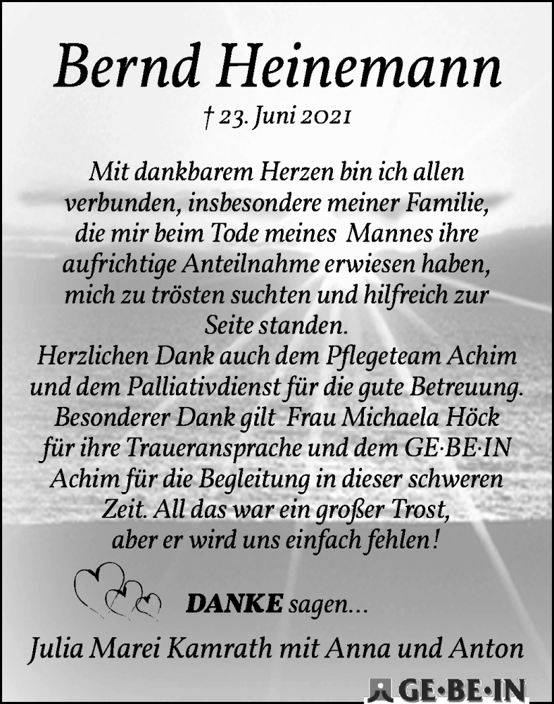 Traueranzeige von Bernd Heinemann von WESER-KURIER