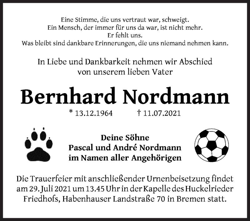 Traueranzeige von Bernhard Nordmann von WESER-KURIER