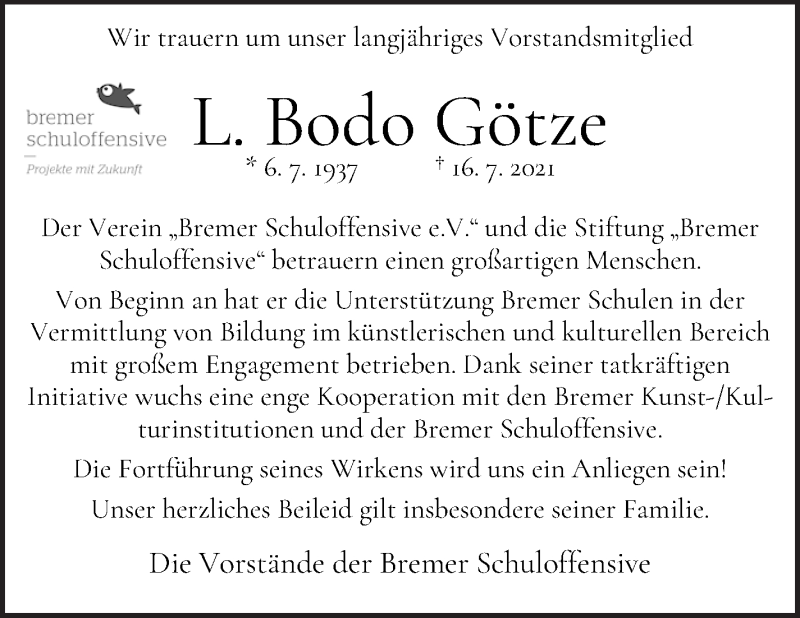 Traueranzeige von L. Bodo Götze von WESER-KURIER