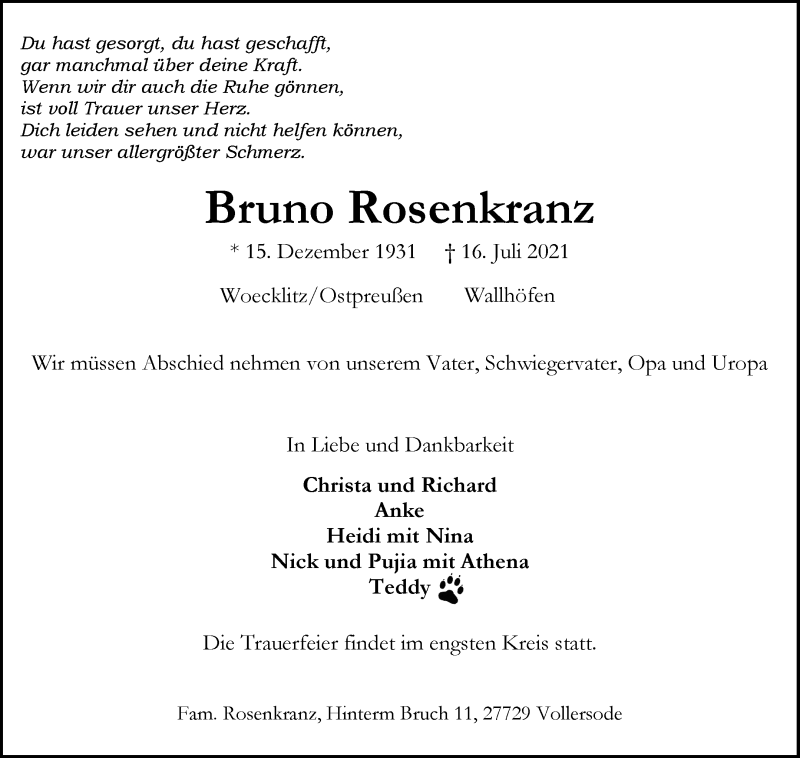 Traueranzeige von Bruno Rosenkranz von Osterholzer Kreisblatt