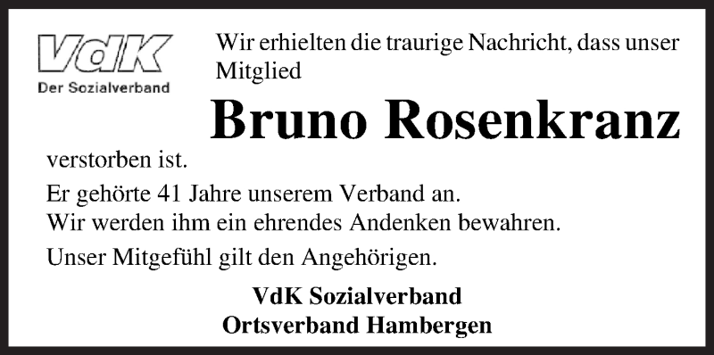 Traueranzeige von Bruno Rosenkranz von Osterholzer Kreisblatt