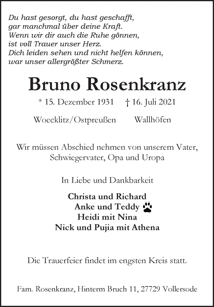 Traueranzeige von Bruno Rosenkranz von Osterholzer Kreisblatt