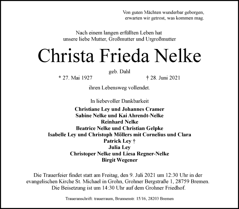 Traueranzeige von Christa Frieda Nelke von WESER-KURIER