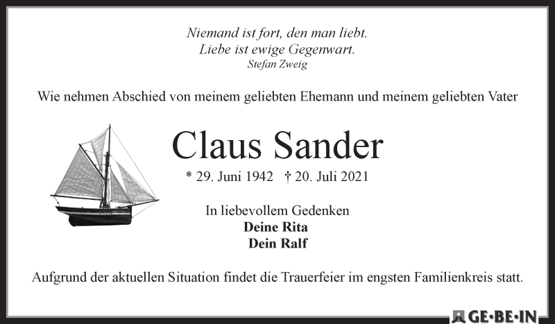 Traueranzeige von Claus Sander von WESER-KURIER