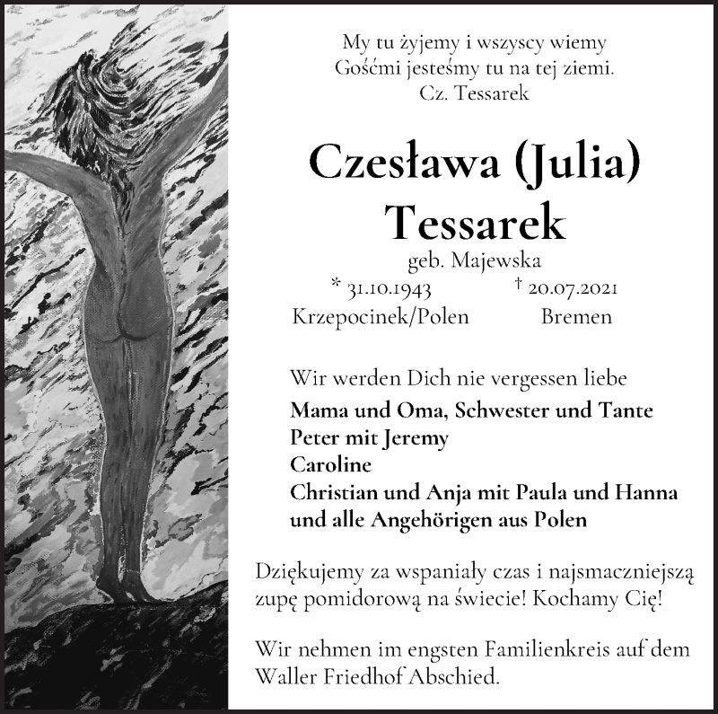 Traueranzeige von Czeslawa ( Julia) Tessarek von WESER-KURIER