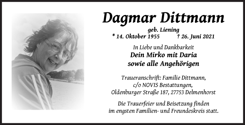 Traueranzeige von Dagmar Dittmann von WESER-KURIER