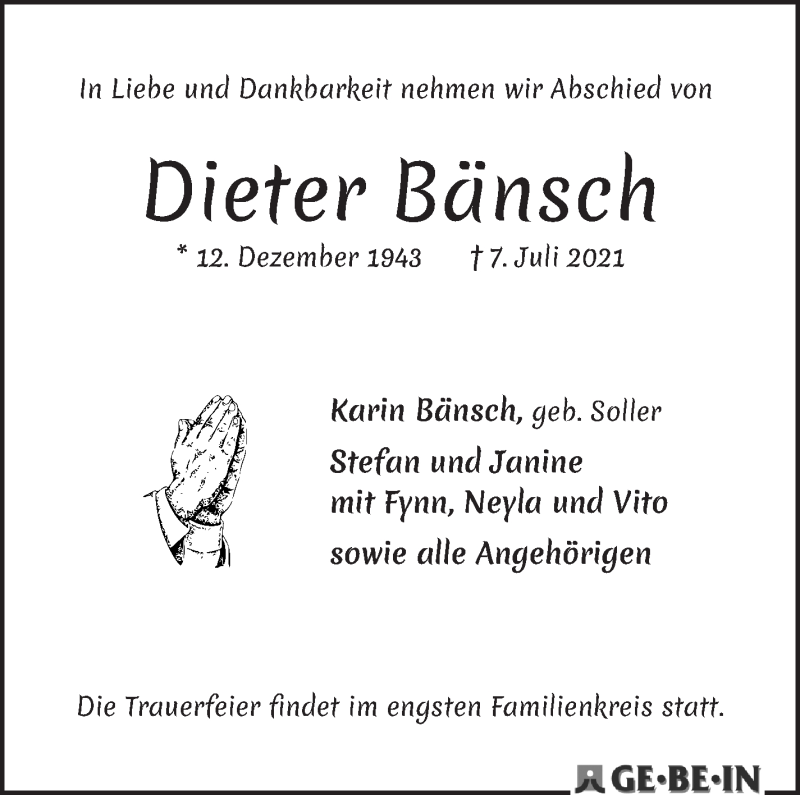 Traueranzeige von Dieter Bänsch von WESER-KURIER