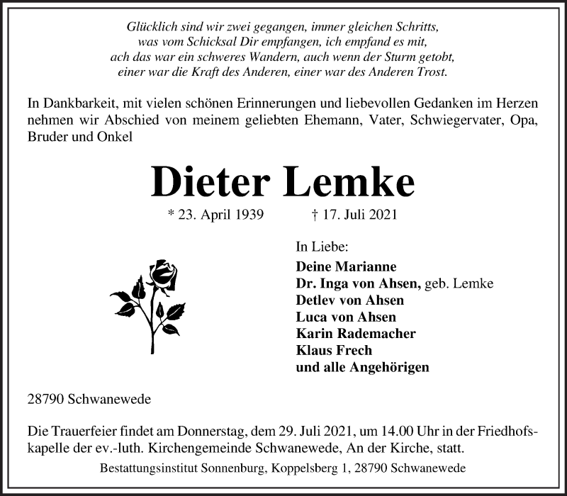 Traueranzeige von Dieter Lemke von Die Norddeutsche