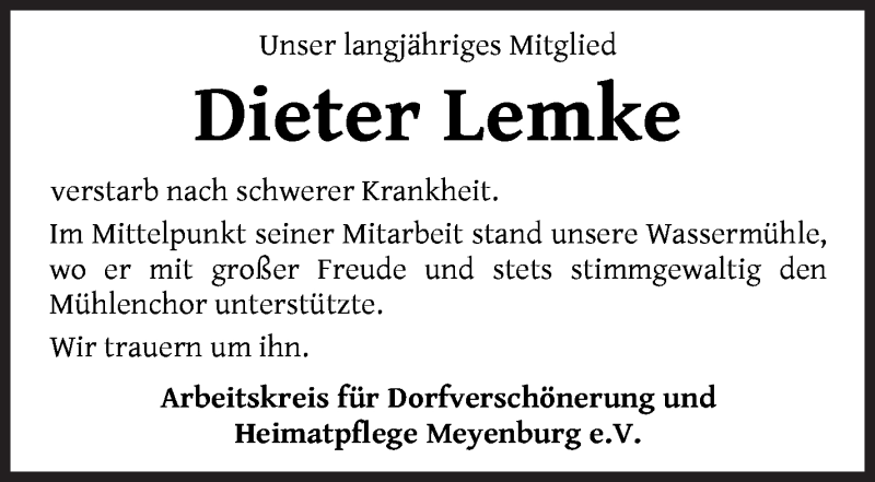 Traueranzeige von Dieter Lemke von Die Norddeutsche
