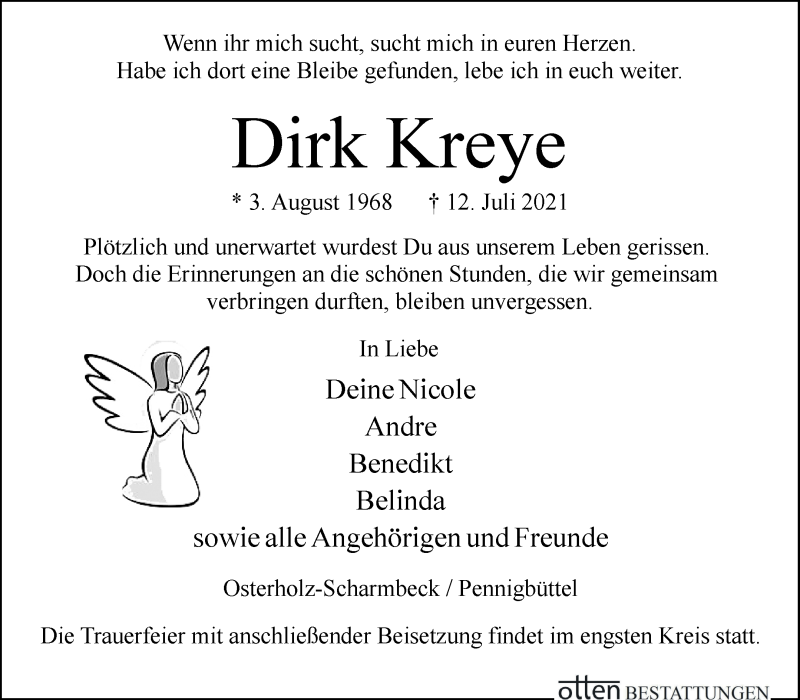 Traueranzeige von Dirk Kreye von Osterholzer Kreisblatt