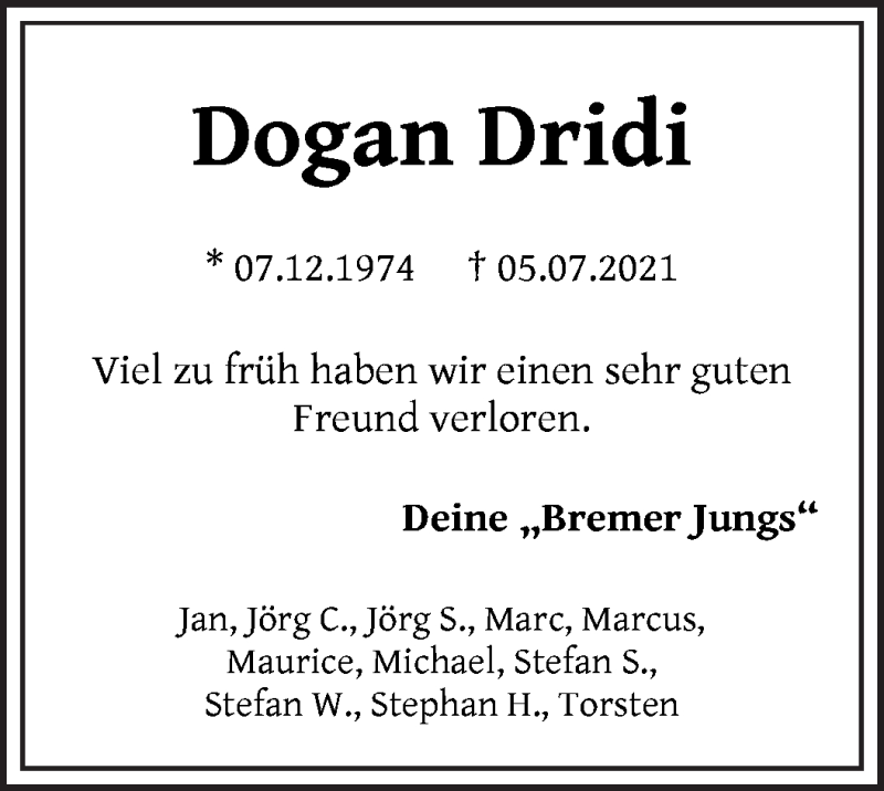 Traueranzeige von Dogan Dridi von WESER-KURIER