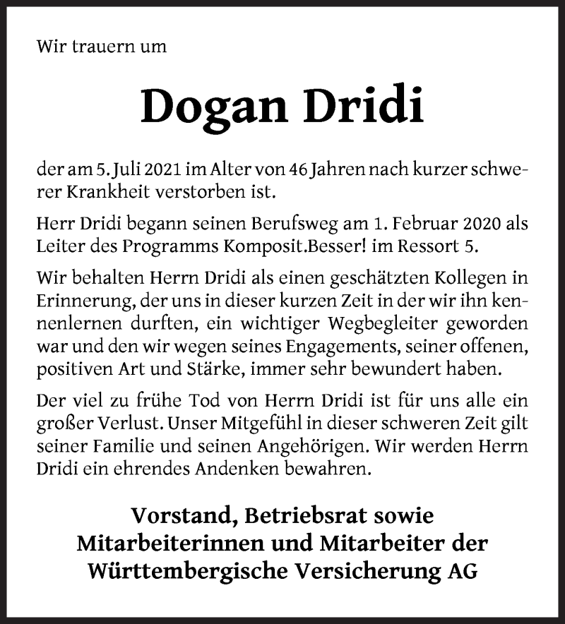 Traueranzeige von Dogan Dridi von WESER-KURIER