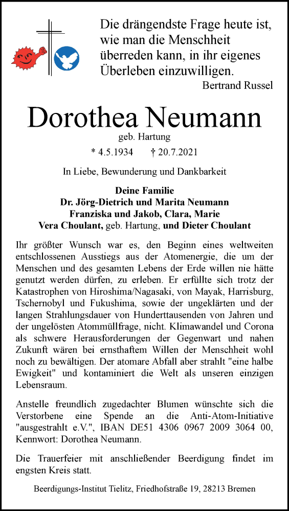Traueranzeige von Dorothea Neumann von WESER-KURIER