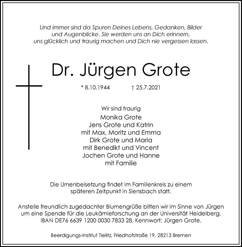Traueranzeige von Dr. Jürgen Grote von WESER-KURIER