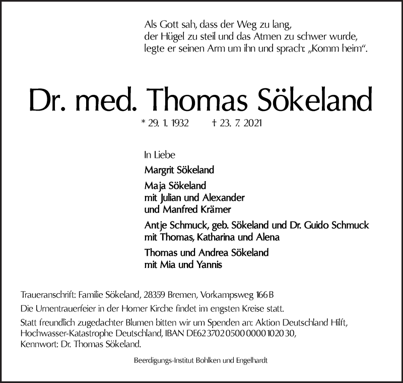 Traueranzeige von Dr. Thomas Sökeland von WESER-KURIER