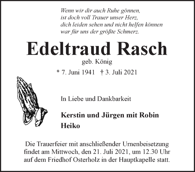 Traueranzeige von Edeltraud Rasch von WESER-KURIER