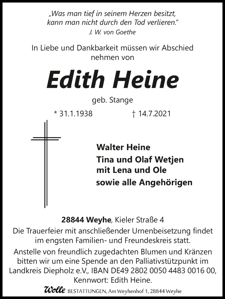 Traueranzeige von Edith Heine von WESER-KURIER